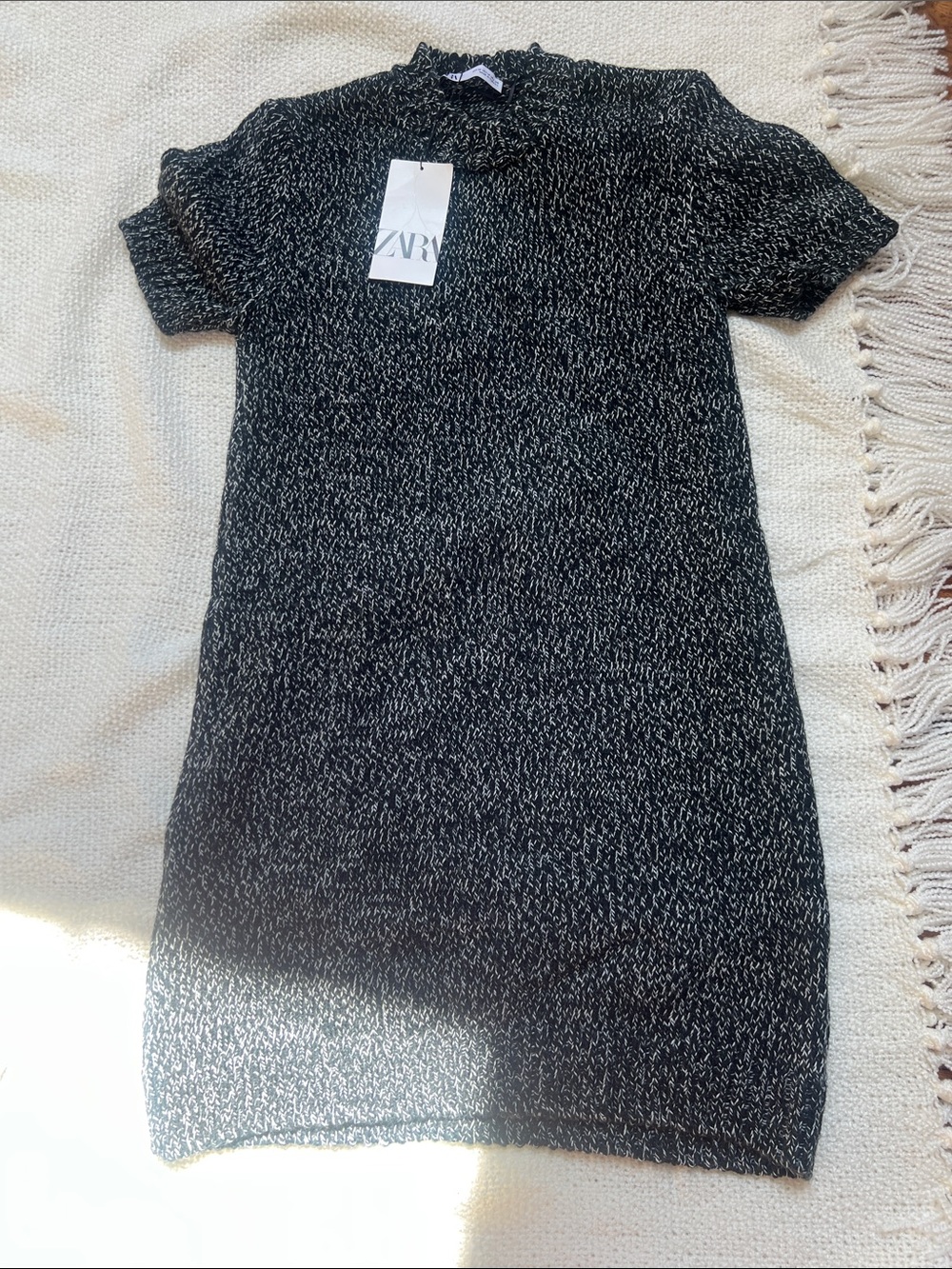 ZARA Black and White Marled Knit Short Sleeve Dress